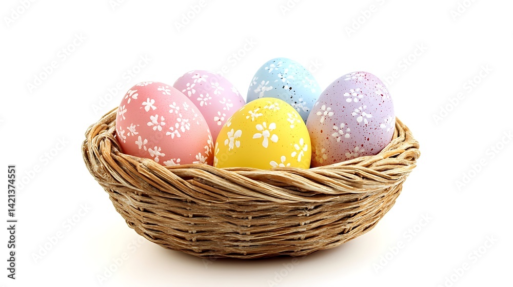 Naklejka premium Easter eggs with floral patterns in a woven basket on white background