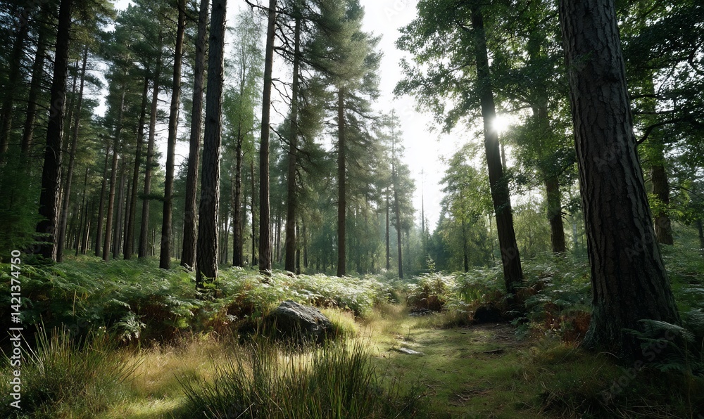Obraz premium Sunlight filtering through a dense pine forest. Lush greenery and rocky ground