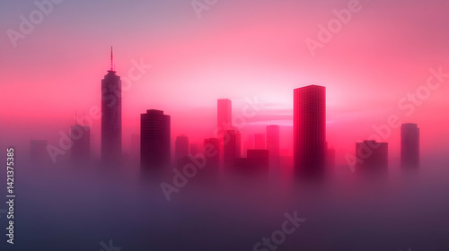 Pink City Skyline Emerging from Fog at Sunrise