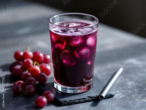 Wallpaper Mural Refreshing grape juice with ice cubes and straw served with fresh grapes Torontodigital.ca