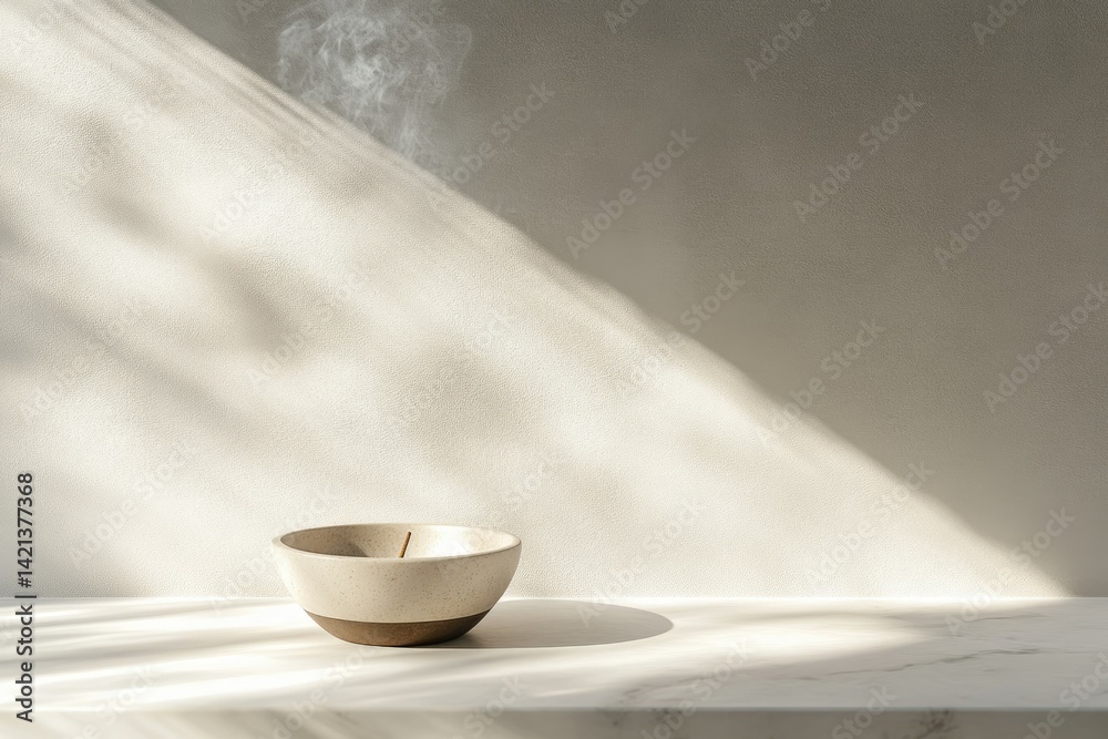 A smoldering incense stick in a minimalist ceramic bowl, bathed in sunlight against a neutral backdrop.