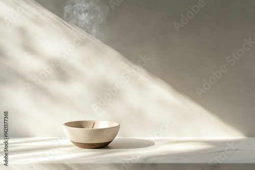 Obraz na płótnie A smoldering incense stick in a minimalist ceramic bowl, bathed in sunlight against a neutral backdrop. w salonie