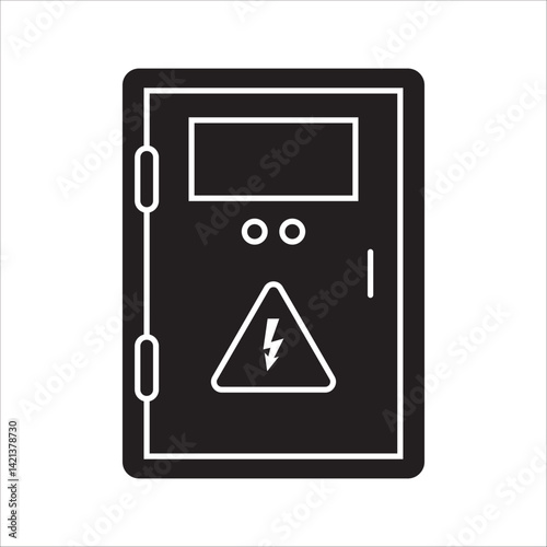Isolated black and white vector illustration of temporary electrical panel box installation. Sign and symbol for electricity equipment.