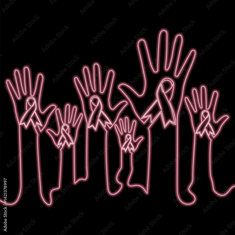Obraz premium United for a Cause Crowd of Hands Raised with Charity Ribbons, Solidarity and Support icon neon glow vector illustration concept