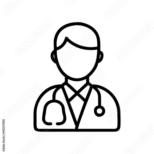 Line art style icon of doctor with stethoscope, minimalistic and professional medical symbol.