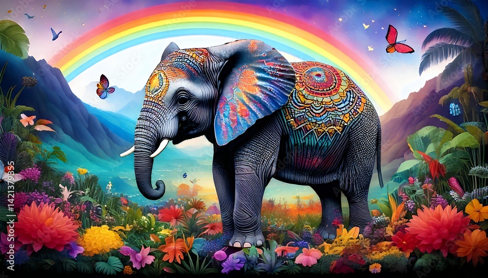 Obraz premium Ornate Elephant in Vibrant Rainbow Garden a whimsical digital painting with rich colors and lush