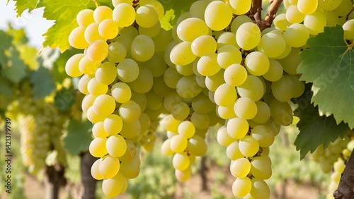 Ripe Chardonnay grapes hanging on vine at the time of grape harvest