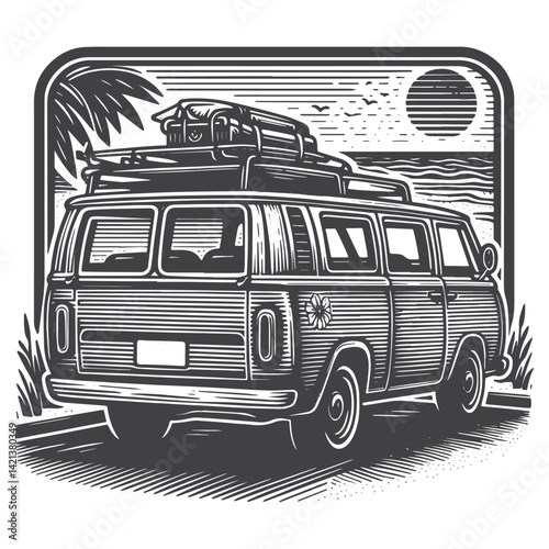 Vintage Hand-Drawn Retro Station Wagon at the Beach Illustration – Classic Car Engraved Style Vector for T-Shirts, Posters, Stickers, and Coastal Apparel