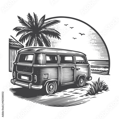 Vintage Hand-Drawn Retro Station Wagon at the Beach Illustration – Classic Car Engraved Style Vector for T-Shirts, Posters, Stickers, and Coastal Apparel