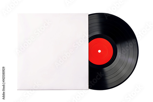 Blank Vinyl Record Sleeve and Black Vinyl LP with Red Label. Record in a white paper jacket