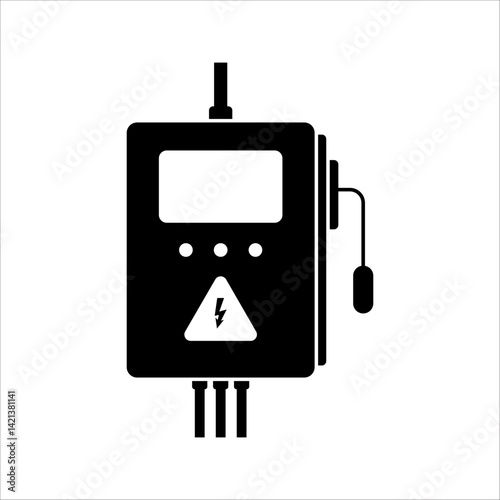 Isolated black and white vector illustration of temporary electrical panel box installation. Sign and symbol for electricity equipment.