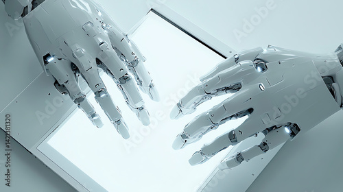 Futuristic robotic hands grip a sleek white laptop at an angle, showcasing detailed metallic joints and glowing accents on a clean white background. High-res tech shot.