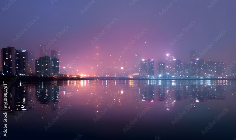Obraz premium futuristic Korean cityscape at night with glowing holographic floating, Generative AI