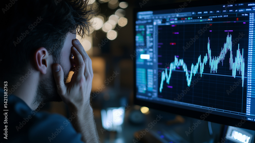 A man gazes in disbelief at his computer screen showing a volatile market chart, his hands clutching his face in shock as he faces financial uncertainty