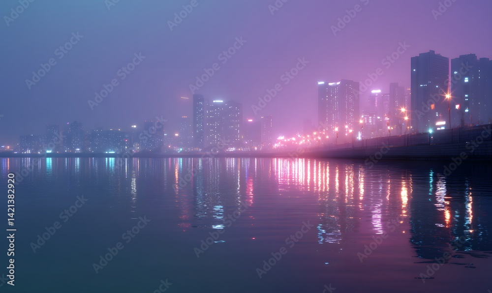 Obraz premium futuristic Korean cityscape at night with glowing holographic floating, Generative AI