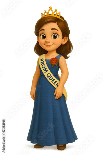 Animated girl wearing crown as prom queen in blue dress  