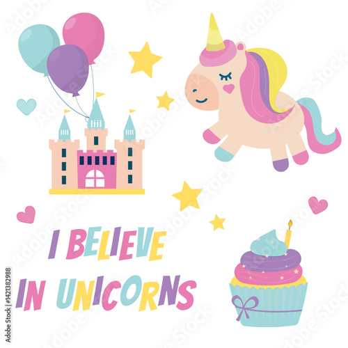 I believe in unicorns. unicorn flat illustration clip art.