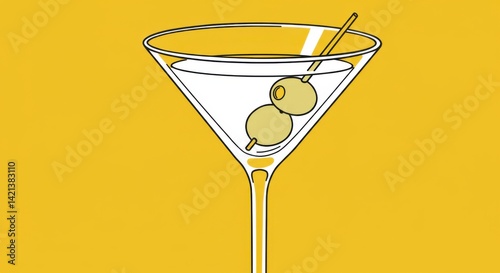 Martini Glass with Olive on Yellow Background