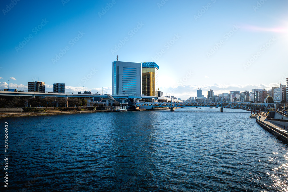 Naklejka premium 隅田川と特徴的なビル風景