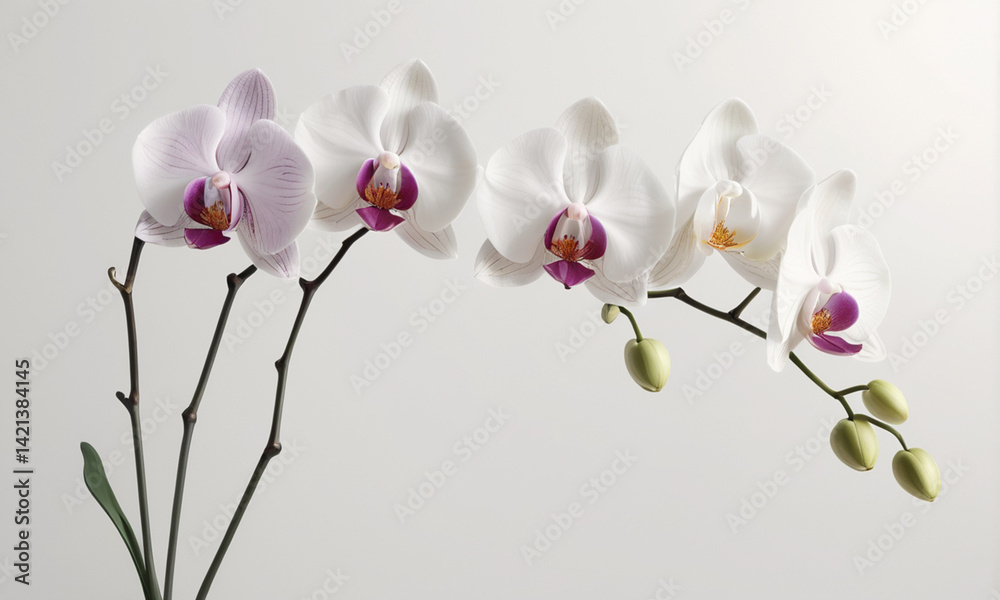 Fototapeta premium White canvas background with soft, realistic shadows of orchid flowers