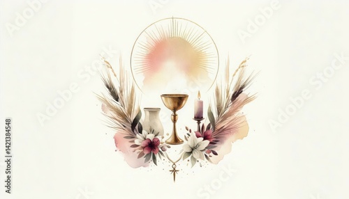 Catholic eucharist first communion watercolor illustration with chalice and cross art