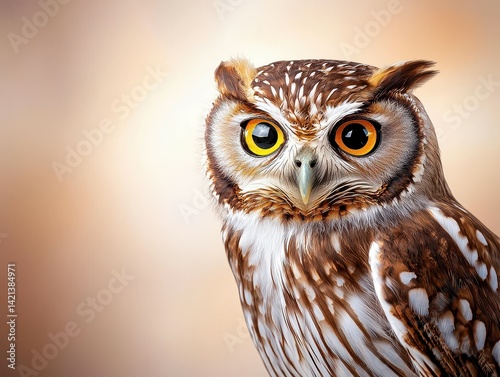 A captivating owl with striking yellow eyes gazing into the distance.