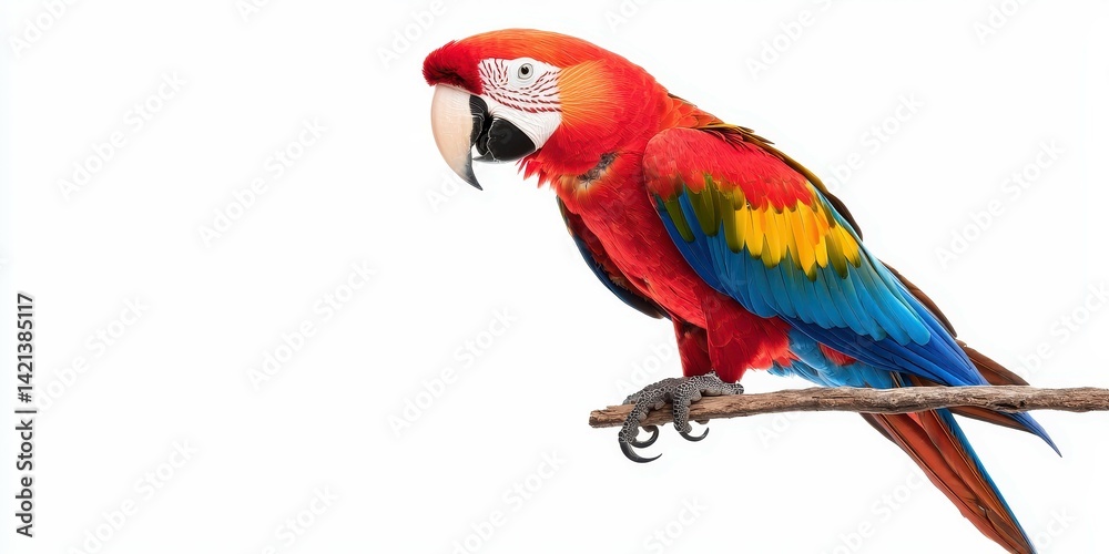Fototapeta premium Vibrant scarlet macaw perched on a branch with stunning colorful feathers.