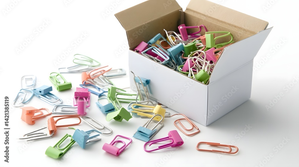 Fototapeta premium Assortment of multicolored binder clips scattered across a plain white surface viewed from above