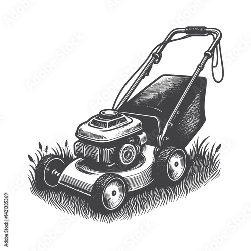Vintage Hand-Drawn Lawn Mower Side View Illustration – Gardening Tool Engraved Style Vector for T-Shirts, Posters, Stickers, and Outdoor Apparel