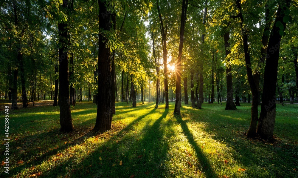 Naklejka premium Sunny park scene with trees and shadows