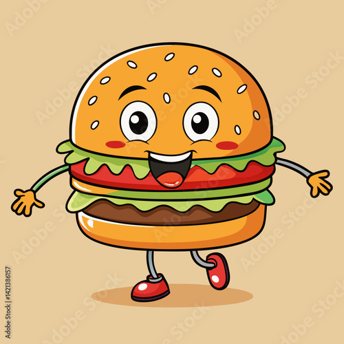 Cheeky burger character with a playful grin and ketchup squirt bow, perfect for fun, food-themed digital designs.