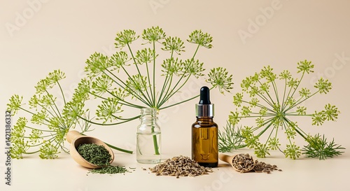 Detailed Mockup of Dill Anethum Graveolens Emphasizing Leaf Structure with Green Flower Umbels and Essential Oil Bottles in Cream Background for Derivative Product Promotion