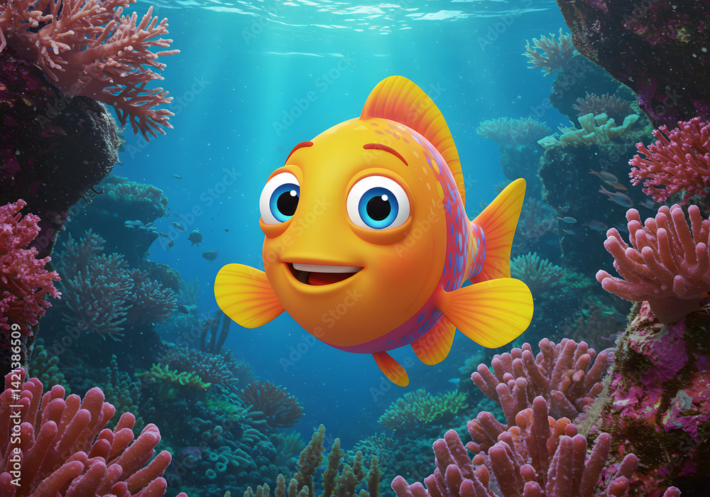 Obraz premium A cartoon fish is smiling and swimming in a coral reef. The fish is yellow and pink, and it is surrounded by pink coral. The scene is bright and cheerful, and it conveys a sense of happiness