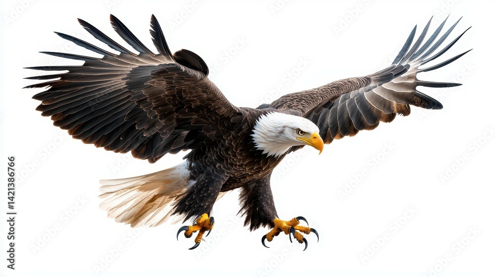 Majestic bald eagle in mid-flight with wings spread wide. Majestic bald eagle in mid-flight with wings spread wide.