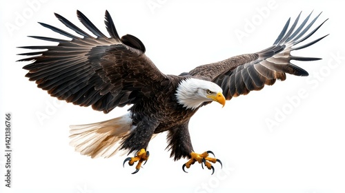 Majestic bald eagle in mid-flight with wings spread wide.