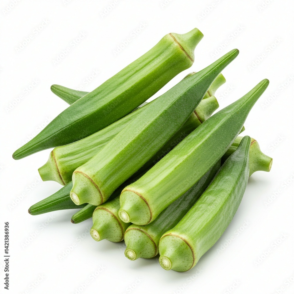 Fresh Okra Pods Displayed Against a White Background