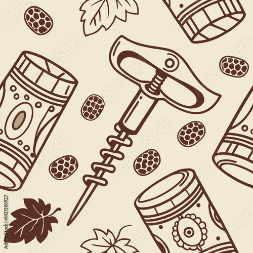 Seamless vector pattern of corkscrews and wine corks on beige background  