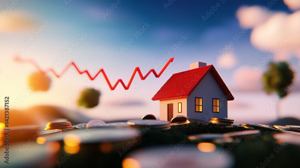 Vibrant financial-themed scene with red-roofed house standing on coins, upward graph stretching toward success, reflecting housing value inflation and equity gain