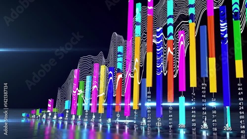 Vibrant Financial Data Visualization with Waves and Bright Colors Representing Market Trends and Statistics