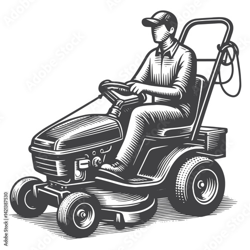 Vintage Hand-Drawn Riding Lawn Mower Illustration – Gardening Tool Engraved Style Vector for T-Shirts, Posters, Stickers, and Outdoor Apparel