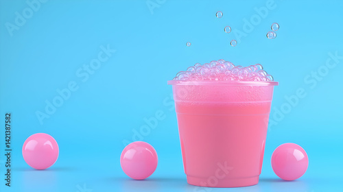 Pink Drink with Foam in Plastic Cup and Pink Balls on Blue Background