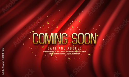 Coming Soon banner with confetti on red curtain background. Ceremony presentation or grand opening. Vector illustration.
