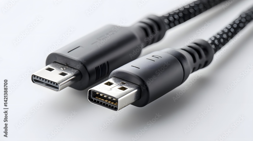 Close up view of a dual ended USB A to USB C cable with both connector tips facing the on a clean white studio backdrop Close up view of a dual ended USB A to USB C cable with both connector tips facing the on a clean white studio backdrop