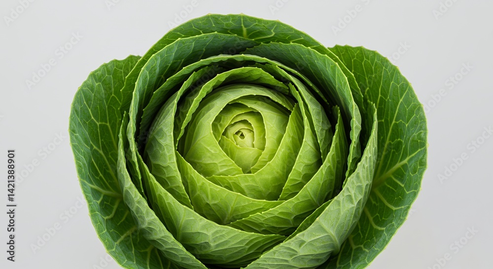 Fototapeta premium Fresh Green Cabbage Brassica Oleracea Derivative Product Mockup with Leafy Layers on White Backdrop Detailed Botanical Illustration for Promotion