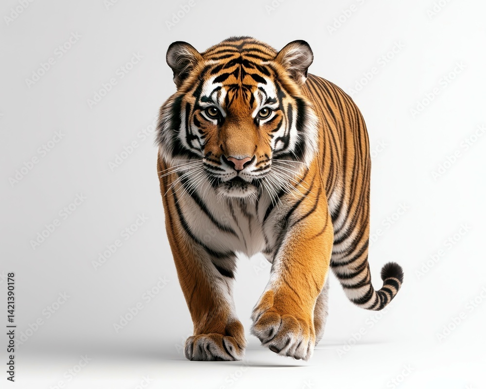 Obraz premium Majestic tiger walking confidently with striking stripes and intense gaze.