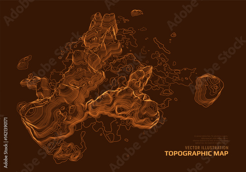 3D topographic map. Geographic contour map background with elevation lines. Detailed terrain visualization concept. Vector illustration of landscape elevations and natural relief.