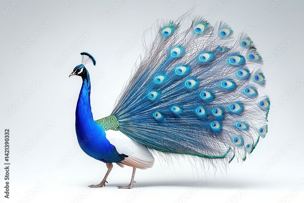 Fototapeta premium A stunning peacock displaying its vibrant blue and green plumage.