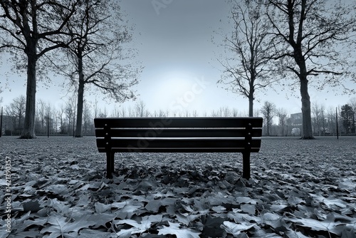 A solitary bench sits in a leaf-covered park under a dusky sky, conveying a sense of quiet solitude.