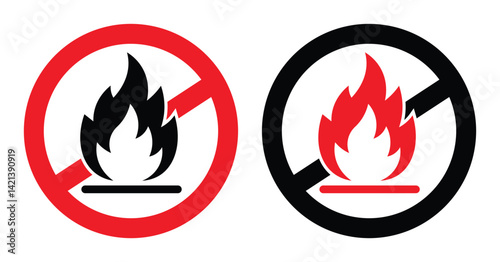 Symmetrical fire prohibition signs: red with black flame and black with red flame, crossed by diagonal slashes. Minimalist, no-frills design on plain white.