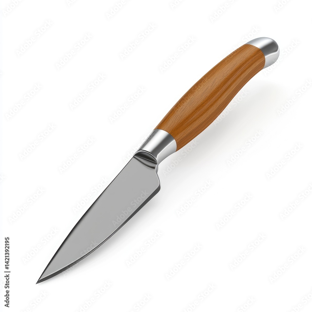A paring knife with a light brown wooden handle. A paring knife with a light brown wooden handle.